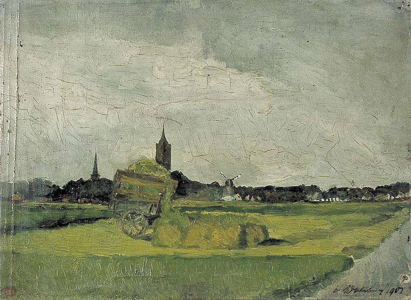 Theo van Doesburg Landschap met hooikar, kerktorens en molen.